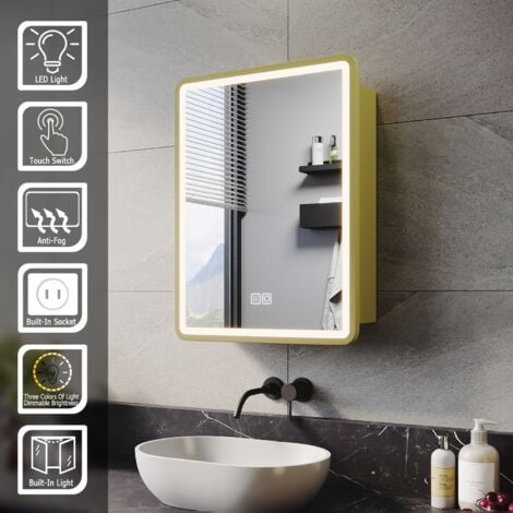 ELEGANT Bathroom Wall Cabinets Bathroom Led Mirrors with Shaver Socket Demister 3 Lighting Modes Bathroom Mirror Cabinet, 45x60cm Lime-green
