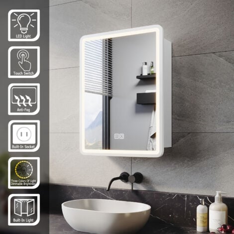 ELEGANT Bathroom Wall Cabinets Bathroom Led Mirrors with Shaver Socket Demister 3 Lighting Modes Bathroom Mirror Cabinet, 45x60cm White