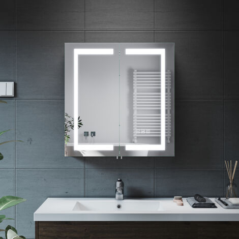 ELEGANT Bathrrom Wall Cabinet Illuminated LED Mirror 3 Light Modes with Shaver Socket Demister and Sensor 630x650mm Stainless Steel Cupboard