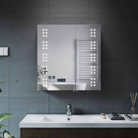 ELEGANT Bathrrom Wall Cabinet Illuminated LED Mirror Demister Pad Shaver Socket Bluetooth Speakers Sensor 630x650mmStainless Steel Cupboard