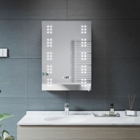 ELEGANT Bathrrom Wall Cabinet Illuminated LED Mirror with Shaver Socket Anti Fog Stainless Steel LED Bathroom Mirror Cabinet with Clock Display 500x700x130mm