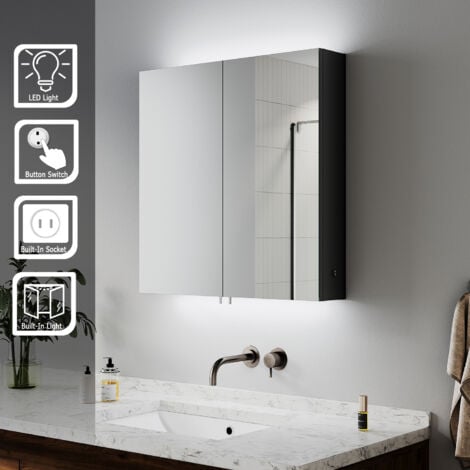 ELEGANT Bathrrom Wall Cabinet Illuminated LED Mirror with Shaver Socket, Black Cabinet Design, Hydraulic Cushioning Hinges 630x650x130mm