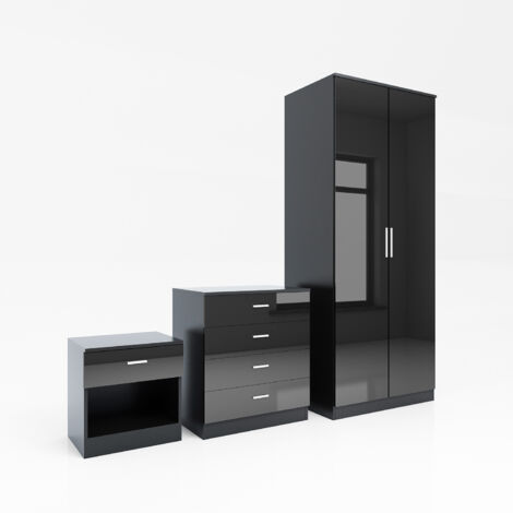 ELEGANT Bedroom Furniture 3 Pcs Set High Gloss 2 Doors Wardrobe and 4 Drawer Chest and Bedside Cabinet, Black