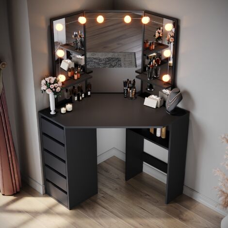 ELEGANT Bedroom Furniture Corner Dressing Table Makeup Desk with 3 Large Mirrors 5 Drawers, Black Dresser Single Table + LED Mirror Lights