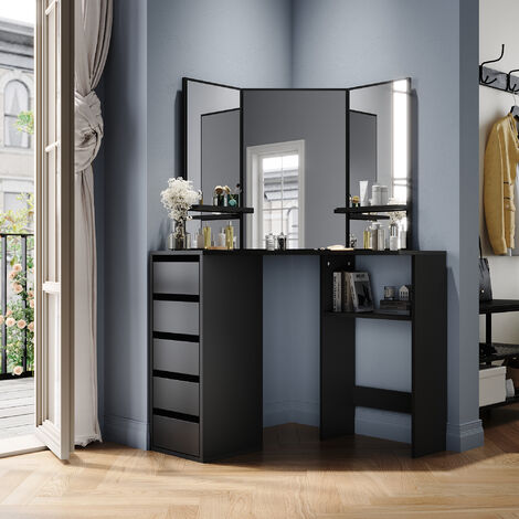 ELEGANT Bedroom Furniture Corner Dressing Table Makeup Desk with 3 Large Mirrors 5 Drawers, Black Single Table
