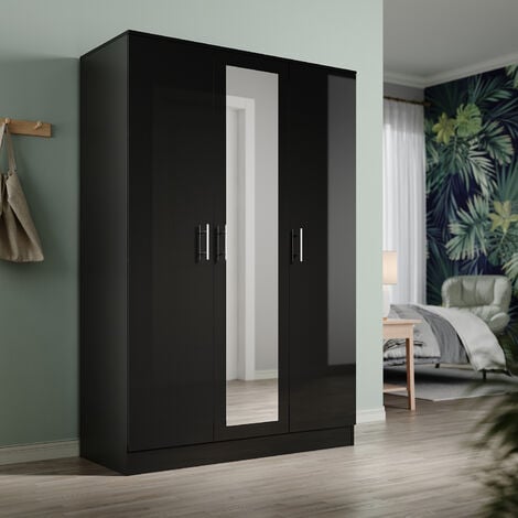 ELEGANT Bedroom Furniture Wardrobes 3 Door High Gloss Door Closet with Large Storage Capacity Multi Compartment with Mirror Black 1200 x 500 x 1800mm