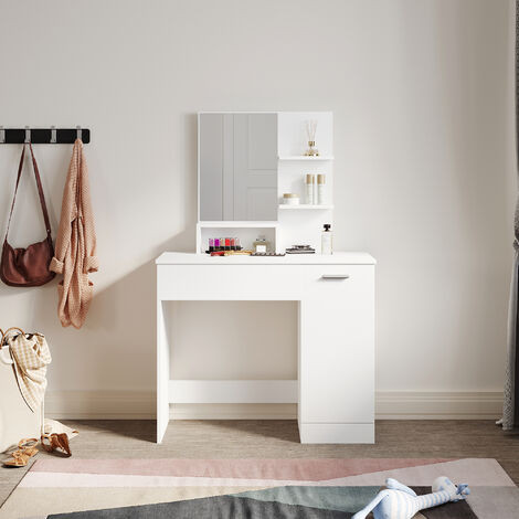 ELEGANT Bedroom Furniture White Dressing Table with Mirror, Storage Compartment, 1 Drawer, 2 Shelves Single Table