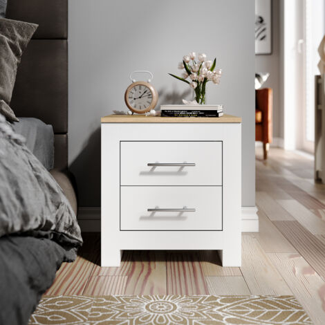 ELEGANT Bedside Table Cabinet 2 Drawer Chest Nightstand Bedroom Furniture, White/Oak