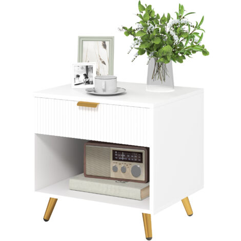 Elegant Bedside Table, with Drawer and Shelf - White/Gold Tone