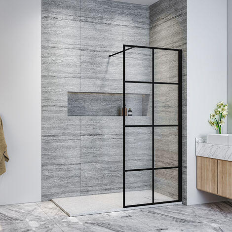 ELEGANT Black 760mm Walk in Shower Screen + 1600x700mm Anti-Slip Resin Shower Tray, 8mm Safety Tempered Glass Bathroom Open Entry Shower Screen