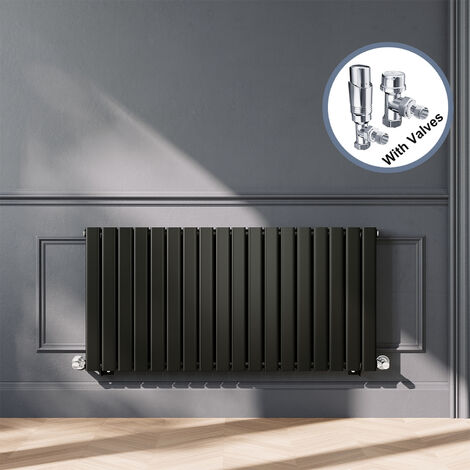 ELEGANT Black Designer Horizontal Radiator Double Panel Rads 600 x 1224mm with Chrome Angled Thermostatic Radiator Valves