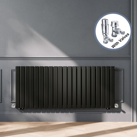 ELEGANT Black Designer Horizontal Radiator Double Panel Rads 600 x 1428mm with Chrome Angled Thermostatic Radiator Valves