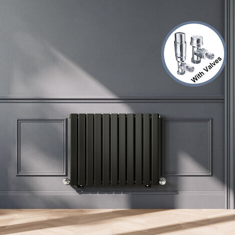 ELEGANT Black Designer Horizontal Radiator Double Panel Rads 600 x 748mm with Chrome Angled Thermostatic Radiator Valves
