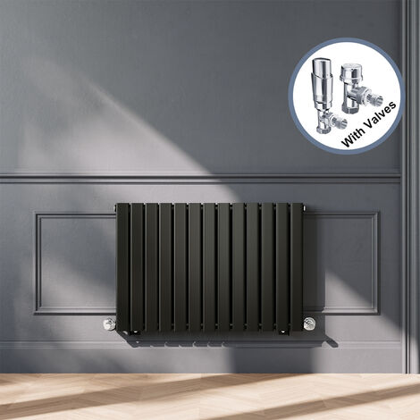 ELEGANT Black Designer Horizontal Radiator Double Panel Rads 600 x 884mm with Chrome Angled Thermostatic Radiator Valves