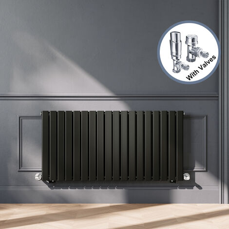 ELEGANT Black Designer Horizontal Radiator Single Panel Rads 600 x 1224mm with Chrome Angled Thermostatic Radiator Valves