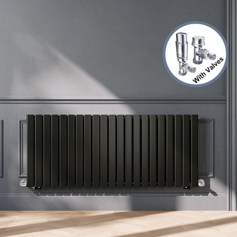 ELEGANT Black Designer Horizontal Radiator Single Panel Rads 600 x 1428mm with Chrome Angled Thermostatic Radiator Valves