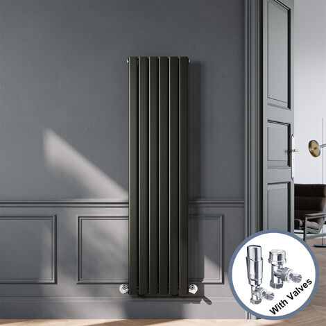 ELEGANT Black Designer Vertical Radiator Single Panel Rads 1600 x 408mm with Chrome Angled Thermostatic Radiator Valves