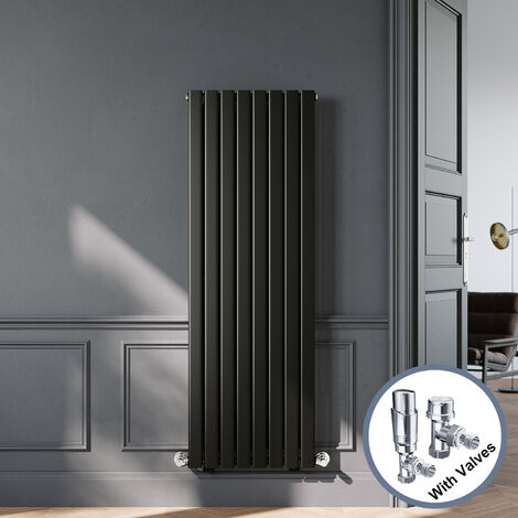 ELEGANT Black Designer Vertical Radiator Single Panel Rads 1600 x 544mm with Chrome Angled Thermostatic Radiator Valves