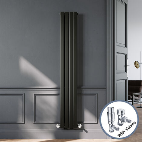 ELEGANT Black Designer Vertical Radiator Single Panel Rads 1800 x 272mm with Chrome Angled Thermostatic Radiator Valves