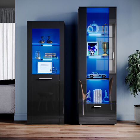 ELEGANT Black Display Cabinet Set High Gloss Living Room Set Bookcase Tall Storage Cabinet with Multicolour LED Light