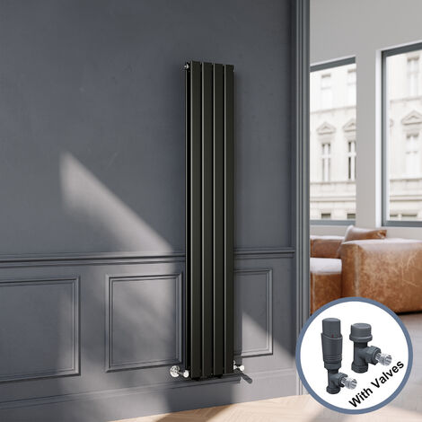 ELEGANT Black Flat Panel Central Heating Radiator with Anthracite Angled Thermostatic Radiator Valves 1600 x 272mm Vertical Double Panel Rads