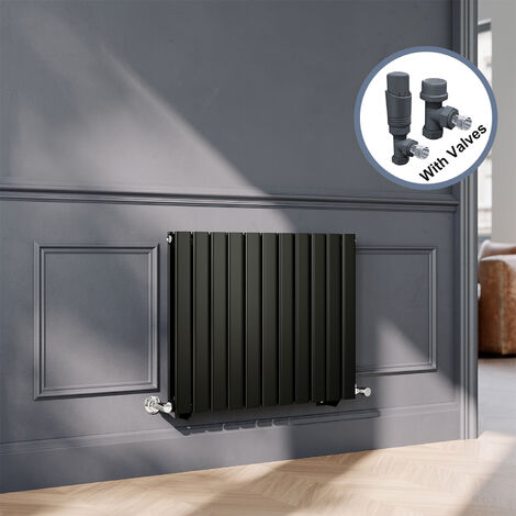 ELEGANT Black Flat Panel Central Heating Radiator with Anthracite Angled Thermostatic Radiator Valves 600 x 748mm Horizontal Double Panel Rads
