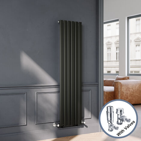 ELEGANT Black Flat Panel Central Heating Radiator with Chrome Angled Thermostatic Radiator Valves 1600 x 408mm Vertical Single Panel Rads
