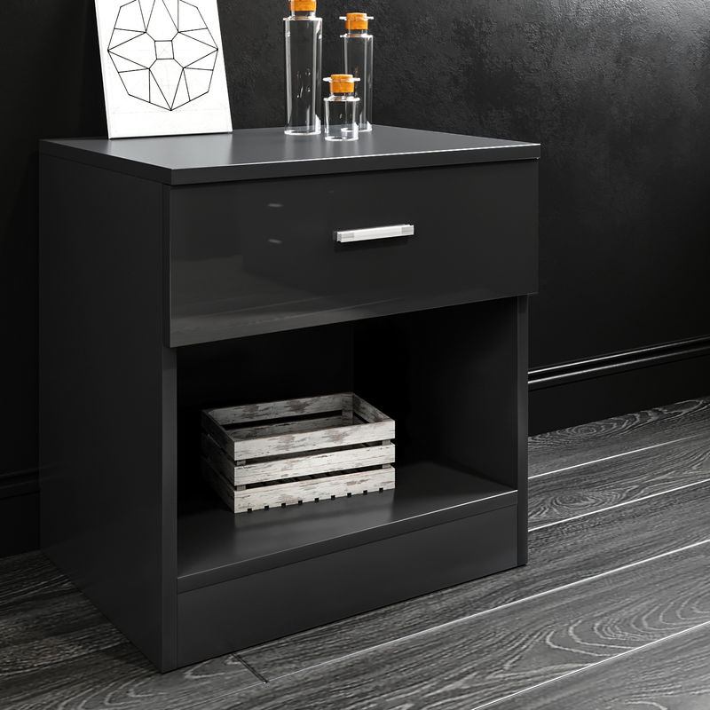 Black High Gloss Bedside Cabinet Night Stand Storage Shelf with Bin Drawer for Bedroom or Home Storage Organizer - Elegant