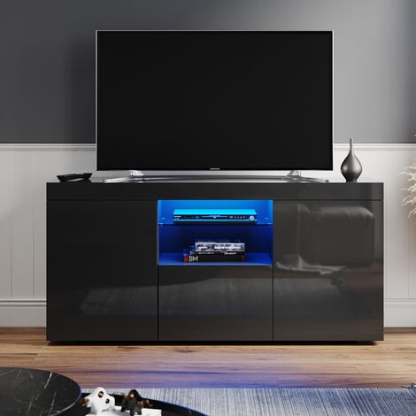 ELEGANT Black MFC TV Stand High GlossTV Cabinet with LED Lights 1350mm Entertainment Unit Cupboard with 2 Glass Shelves and 2 Drawers for Living Room Bedroom