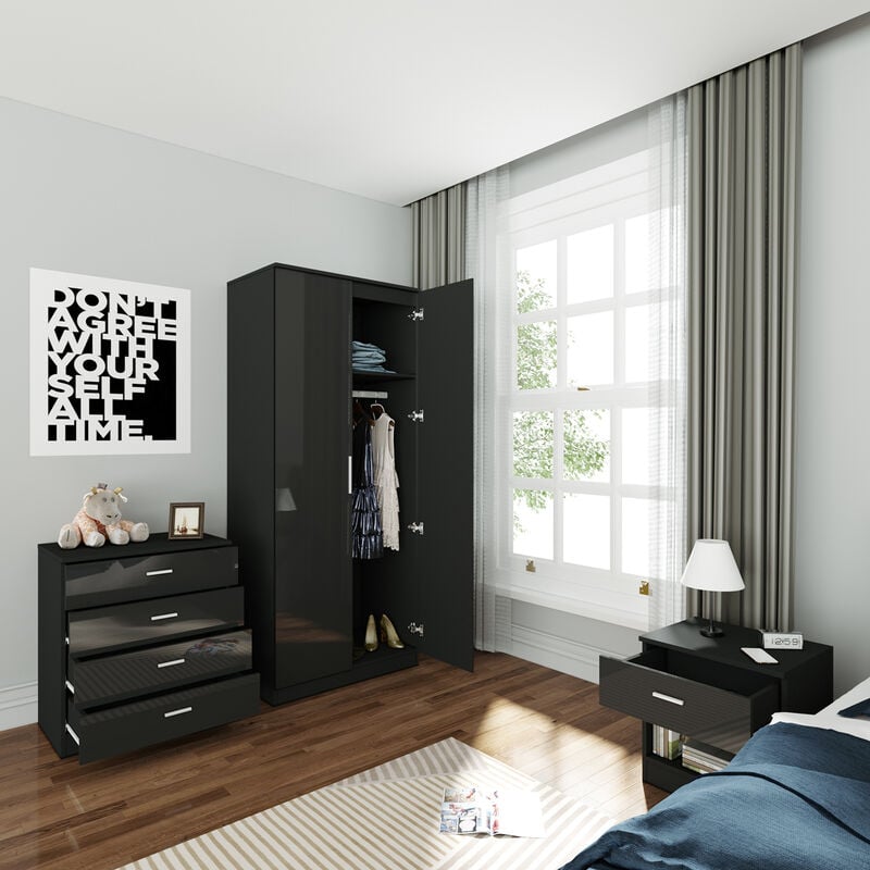 Elegant Black Modern High Gloss Soft Close 2 Doors Wardrobe With Metal Handles Includes A