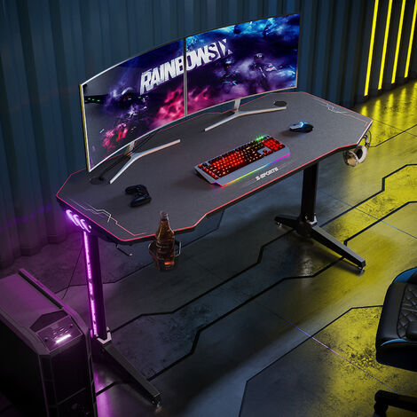 main image of "ELEGANT Black PC Gaming Computer Desk with Full Mouse Pad 1400x600mm Home Office PC Desk with LED Lights Headphone Hooks and Cup Holder"