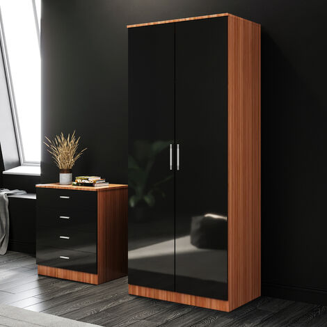 ELEGANT Black/Walnut Modern High Gloss Soft Close 2 Doors Wardrobe with Metal Handles Includes a removable hanging rod and storage shelves