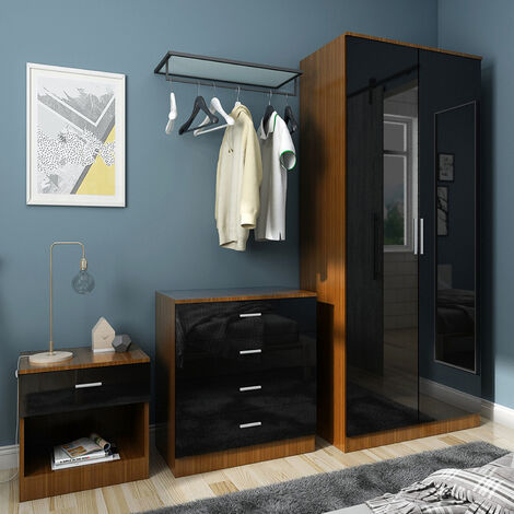 ELEGANT Black/Walnut Modern High Gloss Wardrobe and Cabinet Furniture Set Bedroom 2 Doors Wardrobe and 4 Drawer Chest and Bedside Cabinet