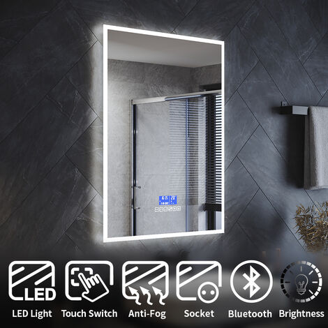 ELEGANT Bluetooth Bathroom LED Mirror Light with Shaver Socket Demister Pad Touch Switch Bright Adjustment Time Display Vertical/Horizontal 800x600mm