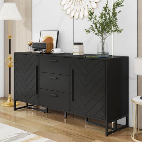 Élégant buffet noir à motif chevrons, doté de 2 portes et de 3 tiroirs, convenant à la salle à manger, à la cuisine et au salon.