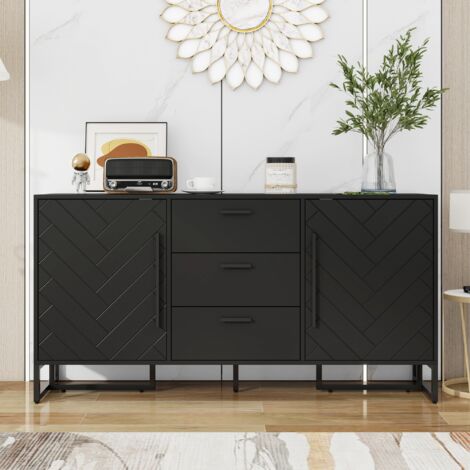 Élégant buffet noir à motif chevrons, doté de 2 portes et de 3 tiroirs, convenant à la salle à manger, à la cuisine et au salon.