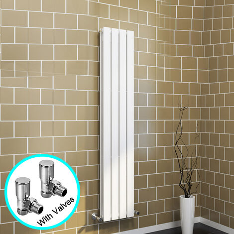 ELEGANT Central Heating Radiator 1600x304mm Vertical White Double Flat Panel + Angled Radiator Valves