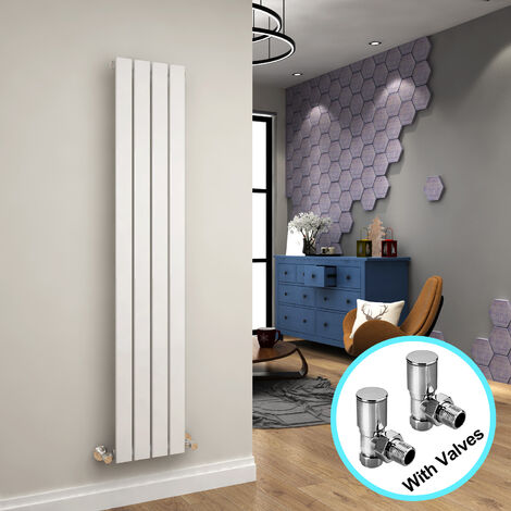 ELEGANT Central Heating Radiator 1600x304mm Vertical White Flat Panel + Angled Radiator Valves