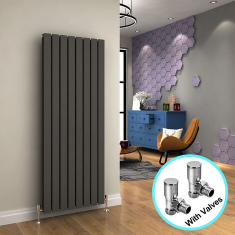 ELEGANT Central Heating Radiator 1600x608mm Vertical Anthracite Double Flat Panel + Angled Radiator Valves