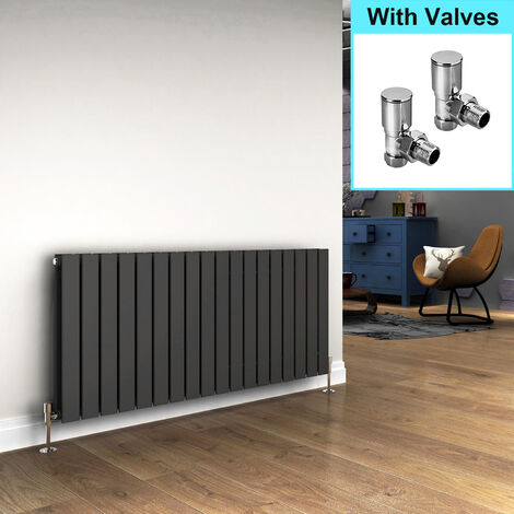 ELEGANT Central Heating Radiator 600x1368mm Horizontal Anthracite Double Flat Panel + Angled Radiator Valves