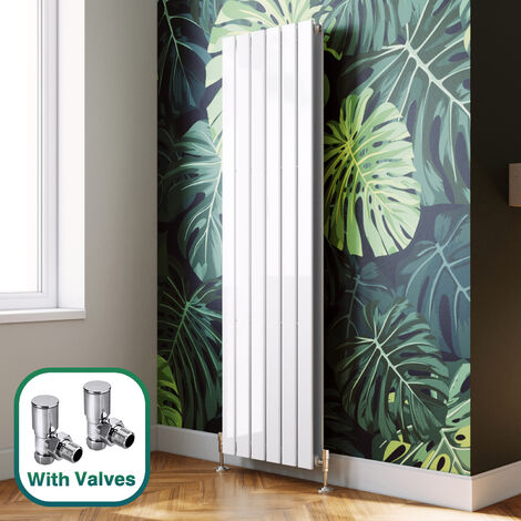 ELEGANT Central Heating Radiator Vertical 1600x456mm Designer White Double Flat Panel + Angled Radiator Valves