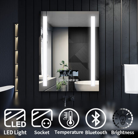 ELEGANT Clock Temperature Display Mirror Round Backlit Illuminated Bathroom Mirror 600x800mm Bathroom Mirror with and Shaver Socket