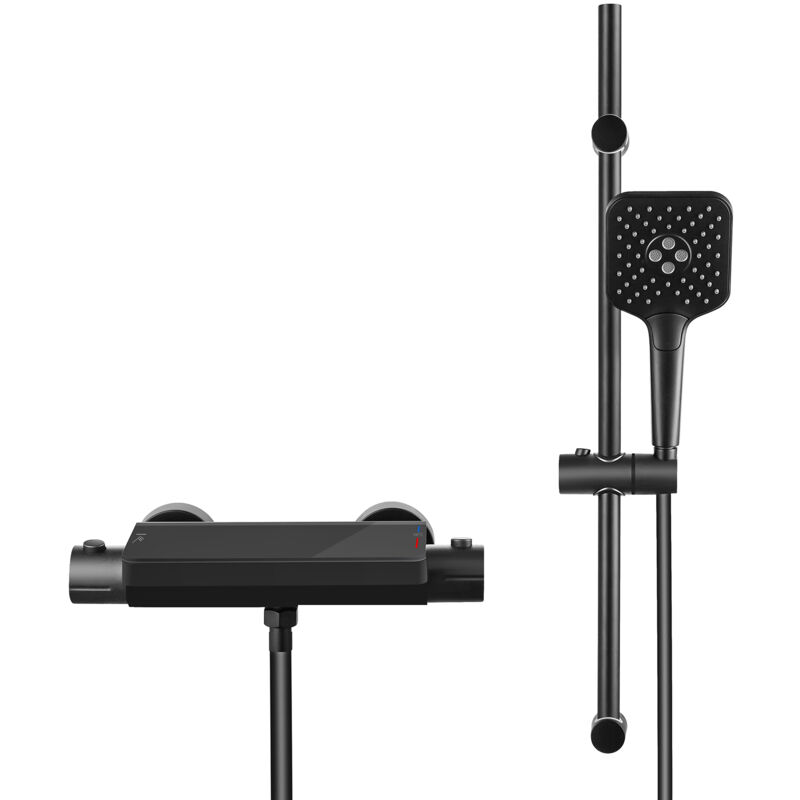 Colonne de Douche Thermostatique 38°C Avec Table de Rangement en Verre Trempé, Ensemble de Robinetterie Thermostatique Murale, Noir