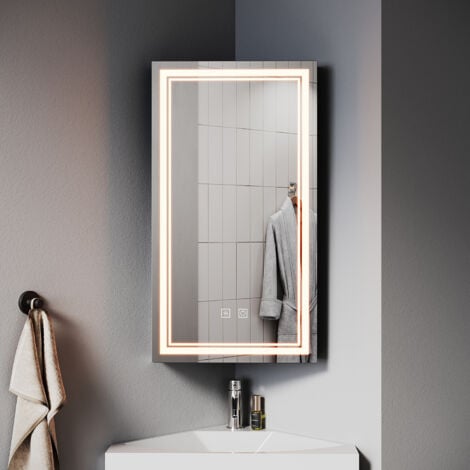 ELEGANT Corner Bathroom Mirror Cabinet 385x700m with LED Light Demister Shaver Socket Dimmable Bathroom LED Mirror