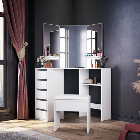 ELEGANT Corner Dressing Table Set, Makeup Desk with 3 Angle Mirror and 5 Drawers, White Vanity Table for Girls