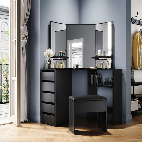 corner dressing table black OKD Modern Fluted Corner Vanity Desk, 48