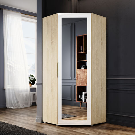 ELEGANT Corner Mirrored Wardrobe Modern High Gloss Furniture with 2 Hanging Rails and 4 Storage Shelves, Bedroom Closet Storage, Space Saving Design, Oak