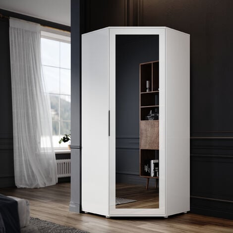 ELEGANT Corner Mirrored Wardrobe Modern White High Gloss furniture with 2 Hanging Rails and 4 Storage Shelves, Bedroom Closet Storage, Space Saving Design