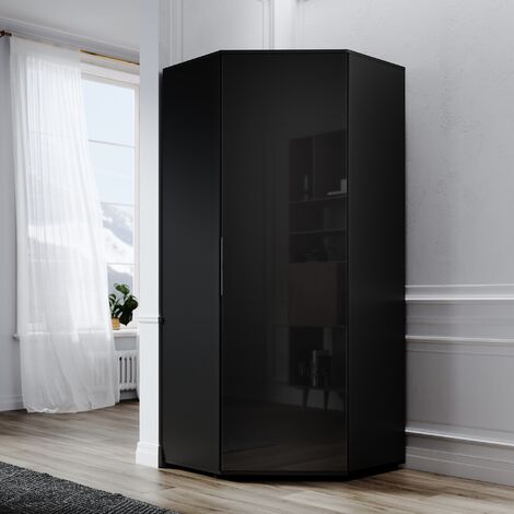 ELEGANT Corner Wardrobe Modern Black High Gloss Wardrobe 80x80x186cm Bedroom Closet Storage, Space Saving Design with 2 Hanging Rails and 5 Storage Shelves.