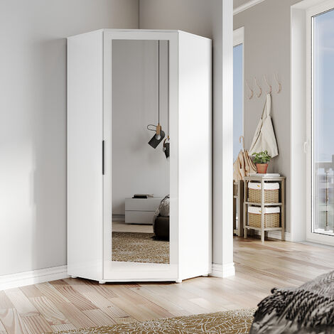 ELEGANT Corner Wardrobe Modern High Gloss Design & Matt White Corner Wardrobe with 2 Hanging Rails and 4 Storage Shelves, Space Saving Design, White + Mirror